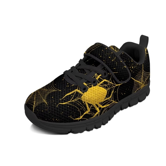 Pointodoor Yellow Spider Cobweb Shoes for Kids Size 11.5 Casual Knitted Halloween Sneakers for Boys Girls Sport Athletic Shoes Anti Slip Breathable Lightweight Single Buckle Sneaker