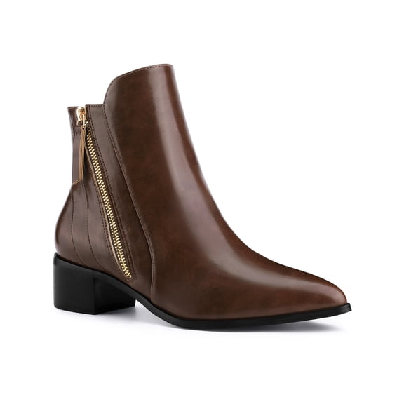 BLISSFUL STEP Women's Ankle Boots Pointy Toe Block Heel Double Zips Faux Leather Booties Brown 9.5