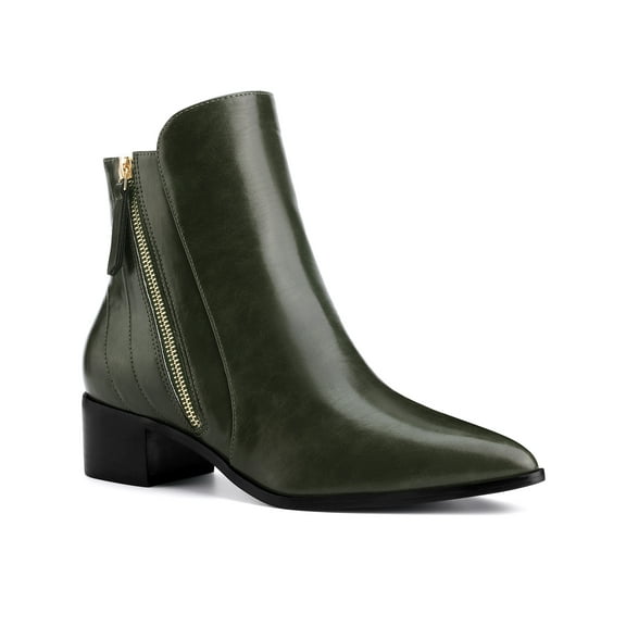 BLISSFUL STEP Women's Ankle Boots Pointy Toe Block Heel Double Zips Faux Leather Booties  Green 9.5