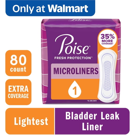 Poise Microliners Incontinence Panty Liners, 1 Drop, Extra Coverage, 80 Count