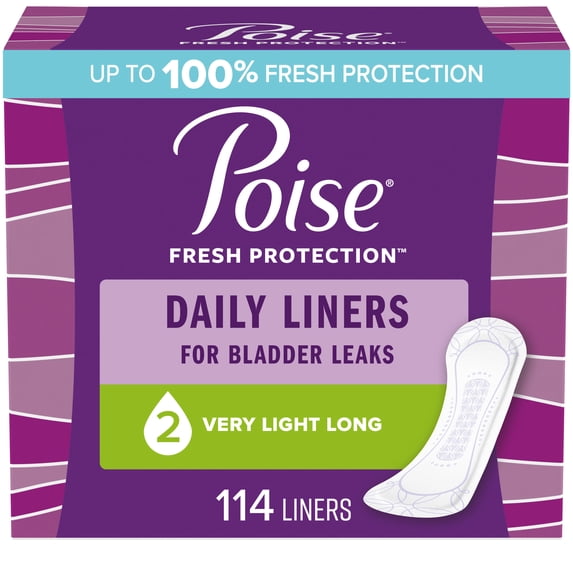 Poise Daily Incontinence Panty Liners, 2 Drop, Very Light Absorbency, Long, 114Ct