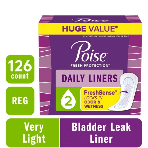 Poise Daily Incontinence Panty Liners, 2 Drop Very Light Absorbency, Regular, 126 Count