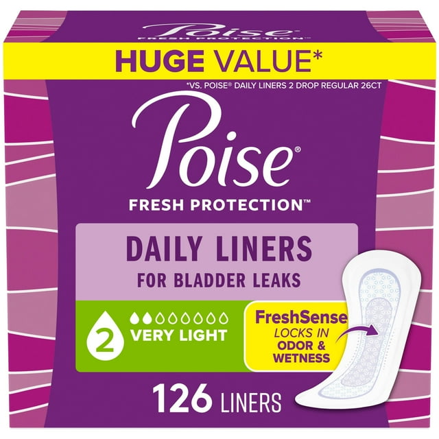 Poise Daily Incontinence Panty Liners, 2 Drop Very Light Absorbency, Regular, 126 Count