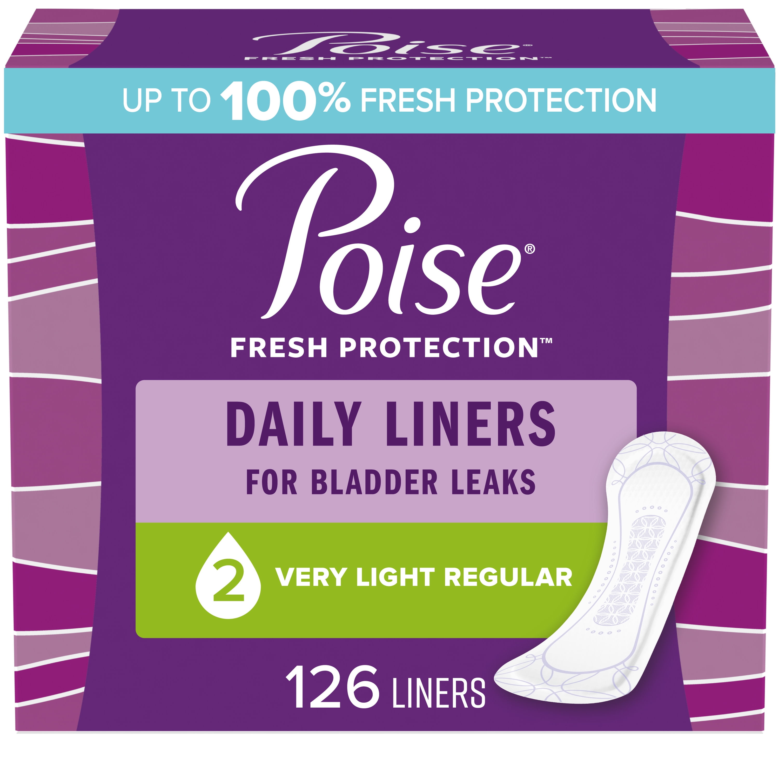 Poise Daily Incontinence Panty Liners, 2 Drop, Very Light Absorbency,  Regular, 126Ct