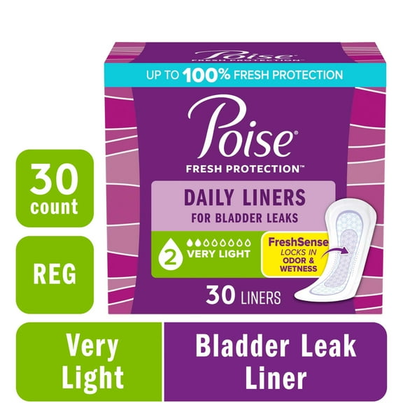 Poise Daily  Incontinence Panty Liners, 2 Drop Very Light Absorbency, Regular, 30 Count