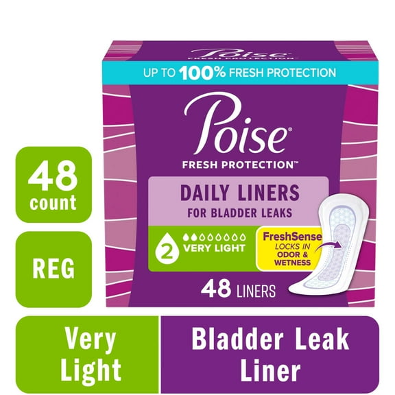 Poise Daily Incontinence Panty Liners, 2 Drop Very Light Absorbency, Regular, 48 Count