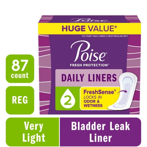 Poise Daily Incontinence Panty Liners, 2 Drop Very Light Absorbency, Regular, 87 Count
