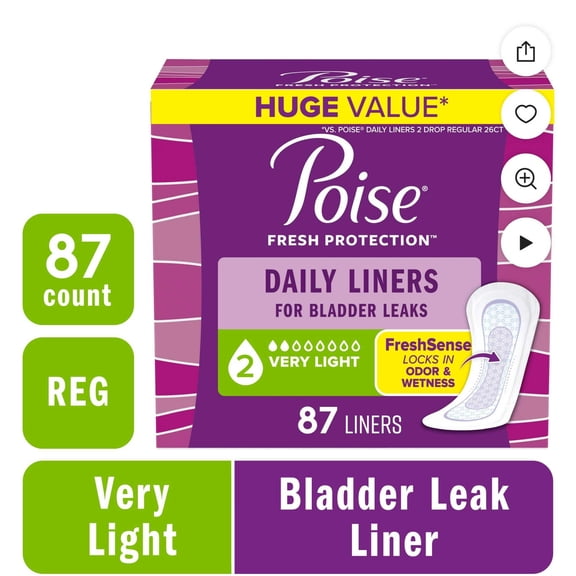 Poise Daily Incontinence Panty Liners, 2 Drop Very Light Absorbency, Regular, 87 Count