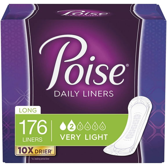 Poise Daily Incontinence Panty Liners, Very Light Absorbency, Long, 176 Count (4 Packs of 44) (Packaging May Vary)