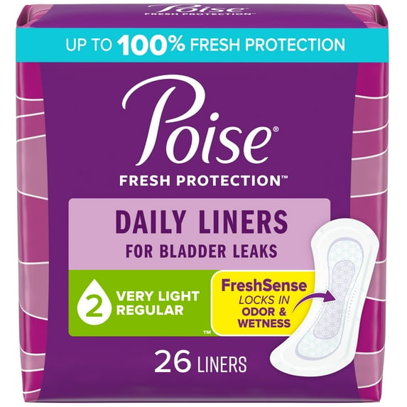 Poise Daily Liners, Incontinence Panty Liners, 2 Drop Very Light Absorbency, Regular Length, 26 Count