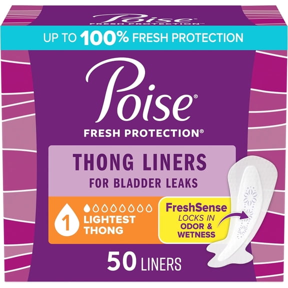 Poise Daily Thong Liners, Incontinence Panty Liners for Bladder Leaks, 1 Drop Lightest Absorbency, 50 Count of Pantiliners