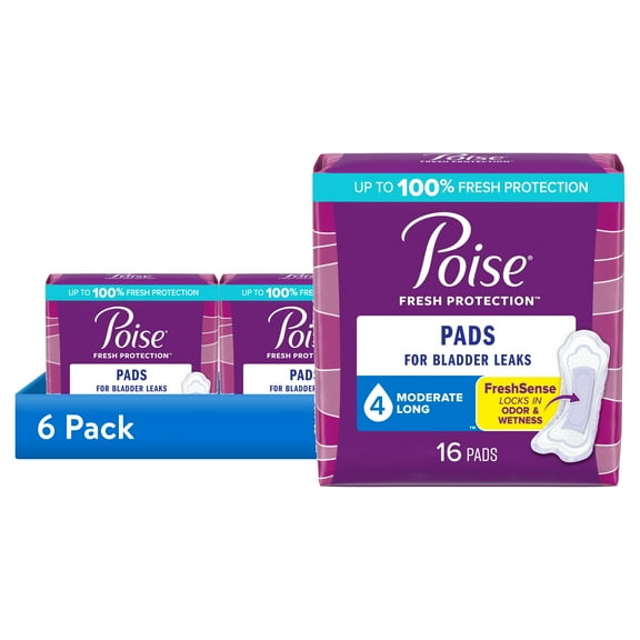 (6 pack) Poise Incontinence Pads for Women, 4 Drop Moderate Absorbency, Long Length, 16 Count