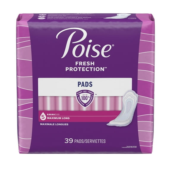 Poise Fresh Protection Female Incontinent Pad Long Length 14.6 Inch Length 44561, Maximum, 78 Ct