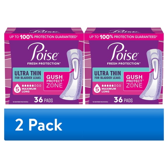(2 pack) Poise Ultra Thin Incontinence Pads, 5 Drop Maximum Absorbency, Long Length, 36 Count