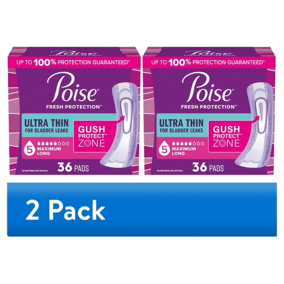 (2 pack) Poise Ultra Thin Incontinence Pads, 5 Drop Maximum Absorbency, Long Length, 36 Count