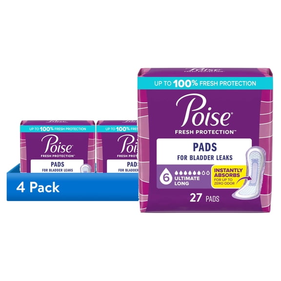 (4 pack) Poise Incontinence Pads for Women, 6 Drop Ultimate Absorbency, Long Length, 27 Count