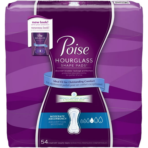 Poise Hourglass Shape, Moderate Absorbency Incontinence Pads, Regular Length sz 4 54 ct.
