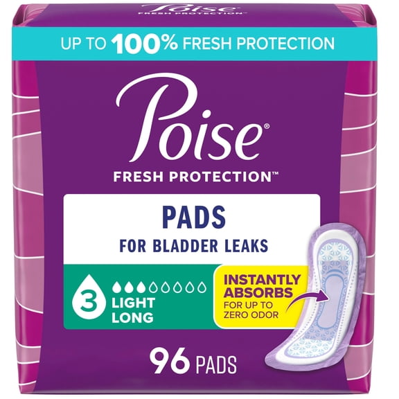Poise Incontinence Pads for Women, 3 Drop Light Absorbency, Long Length, 96 Count (4 packs of 24)