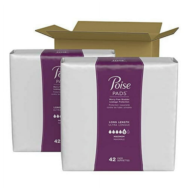 Poise Incontinence Pads, Maximum Absorbency, Long, 84 Count (2 Packs of