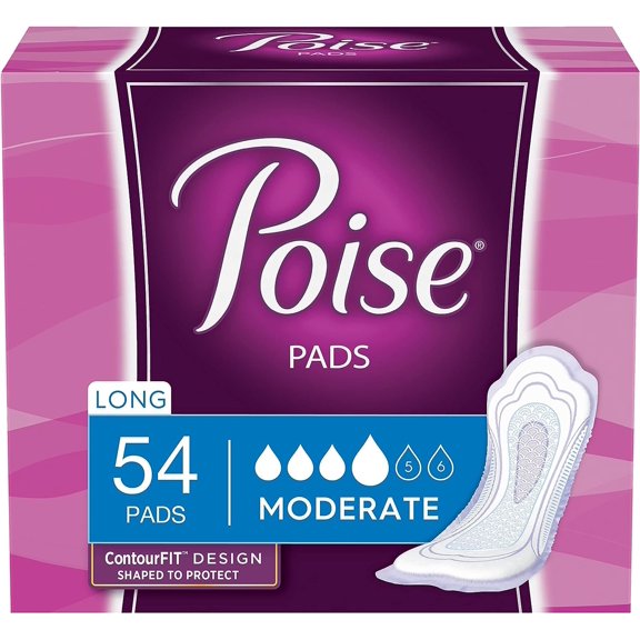 Poise Incontinence Pads, Moderate Absorbency, Long, 54 Count Pack of 4