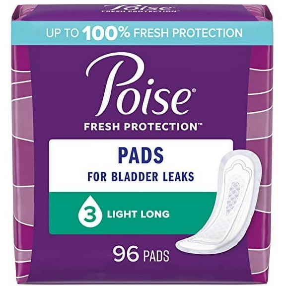 Poise Incontinence Pads & Postpartum Incontinence Pads, 3 Drop Light Absorbency, Long Length, 96 Count (4 Packs of 24)