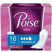 Poise Incontinence Pads & Postpartum Incontinence Pads, 4 Drop Moderate Absorbency, Long Length, 16 Count, Packaging