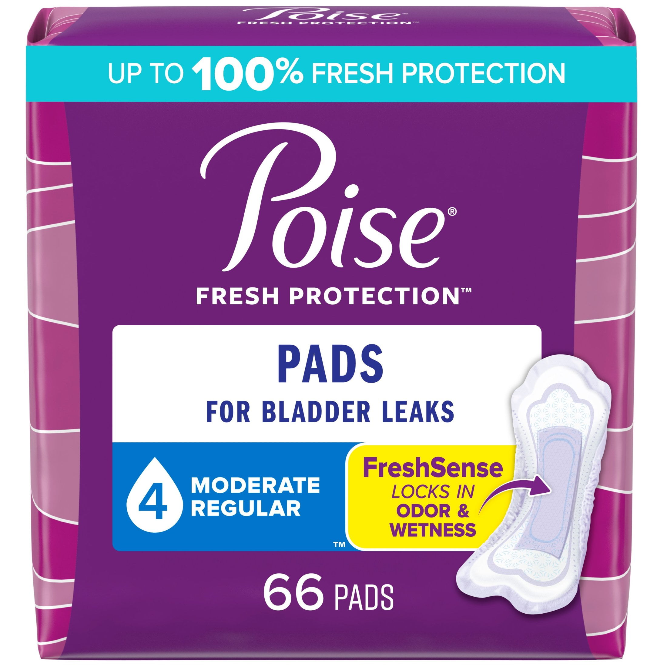 Poise Incontinence Pads for Women, 4 Drop Moderate Absorbency, Regular Length, 66 Count