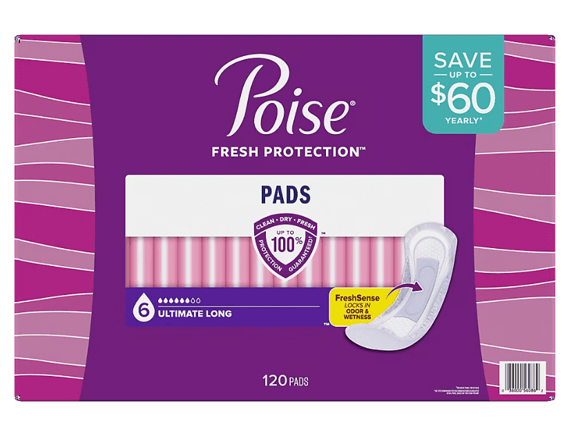 Poise Incontinence Pads & Postpartum Incontinence Pads, 6 Drop Ultimate Absorbency, Long Length, 120 ct.