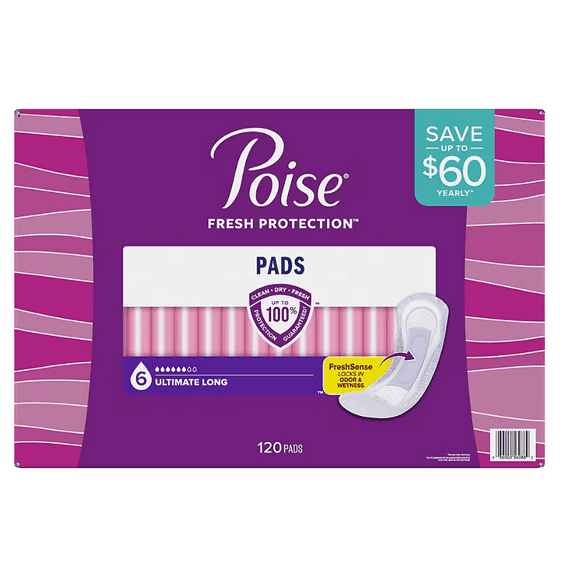 Poise Incontinence Pads & Postpartum Incontinence Pads, 6 Drop Ultimate Absorbency, Long Length, 120 ct.