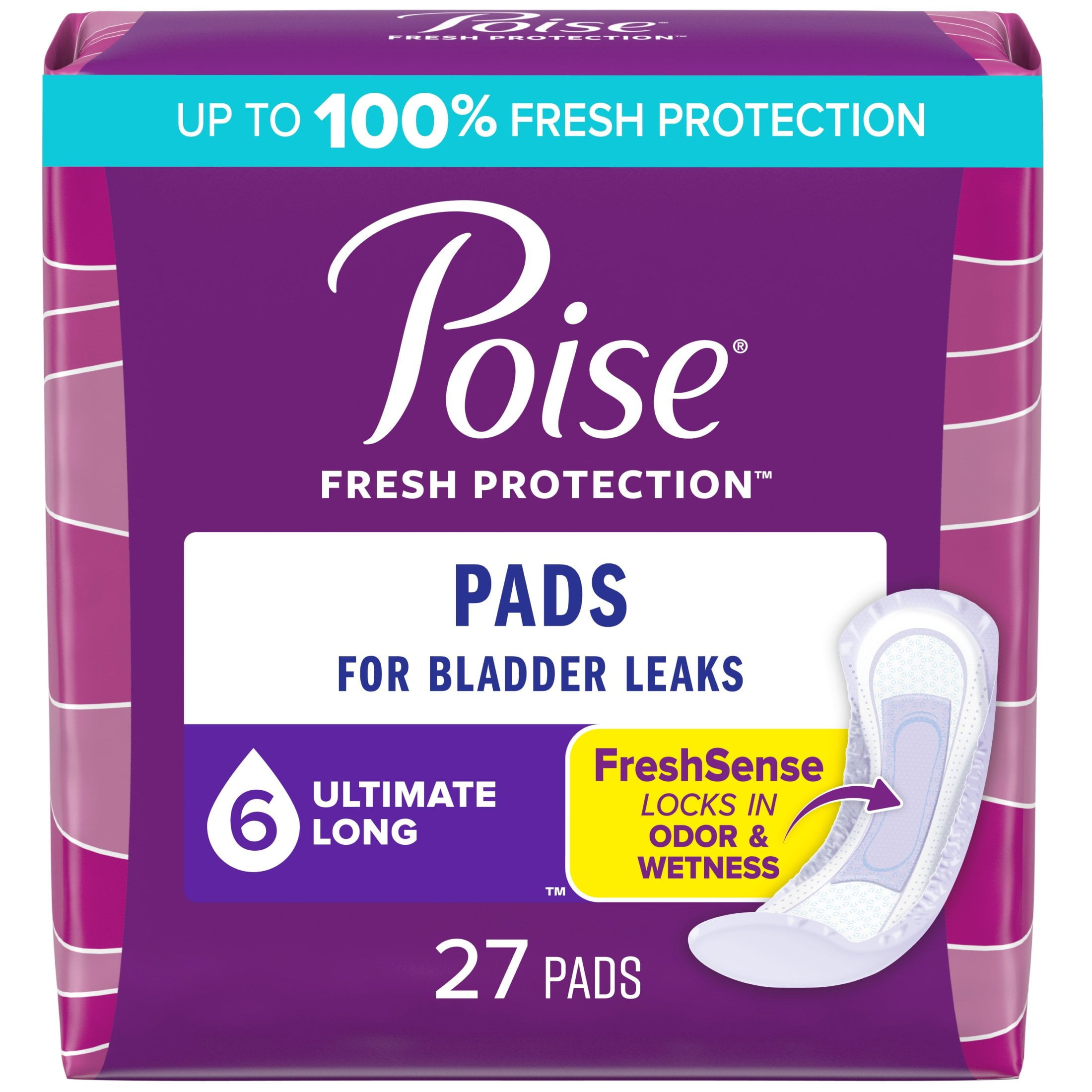 Poise Incontinence Pads for Women, 6 Drop Ultimate Absorbency, Long, 27 Ct