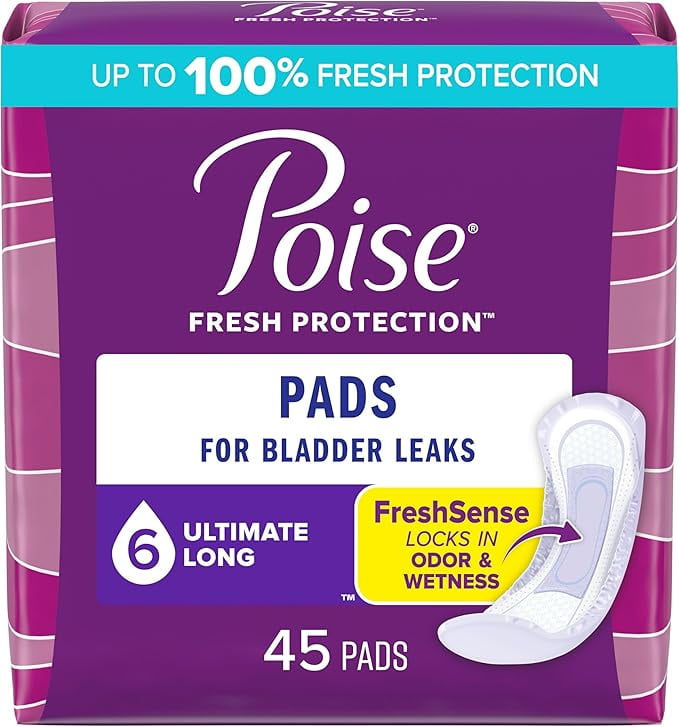 Poise Incontinence Pads & Postpartum Incontinence Pads, 6 Drop Ultimate Absorbency, Long Length, 45 Count