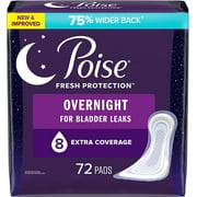 Poise Incontinence Pads & Postpartum Incontinence Pads, 8 Drop Overnight Absorbency, Extra-Coverage Length, 72 Count, Packaging May Vary