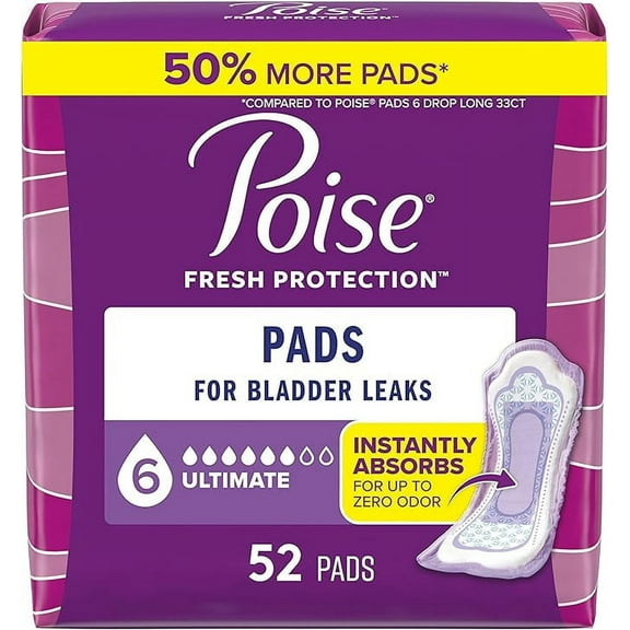Poise Incontinence Pads and Postpartum Incontinence Pads 6 Drop Ultimate Absorbency Regular Length 52 Count Packaging May Vary