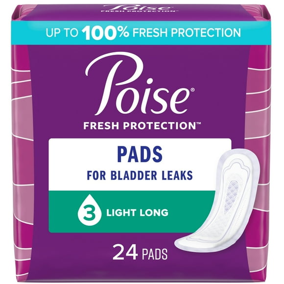 Poise Incontinence Pads for Women, 3 Drop, Light Absorbency, Long, 24 Count