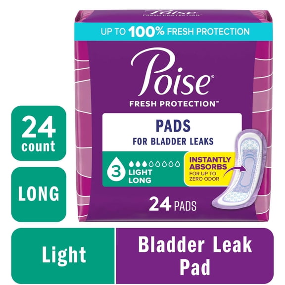 Poise Incontinence Pads for Women, 3 Drop Light Absorbency, Long Length, 24 Count