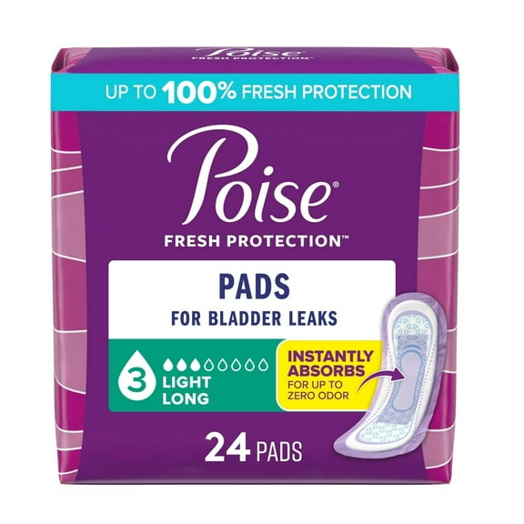 Poise Incontinence Pads for Women, 3 Drop Light Absorbency, Long Length, 24 Count