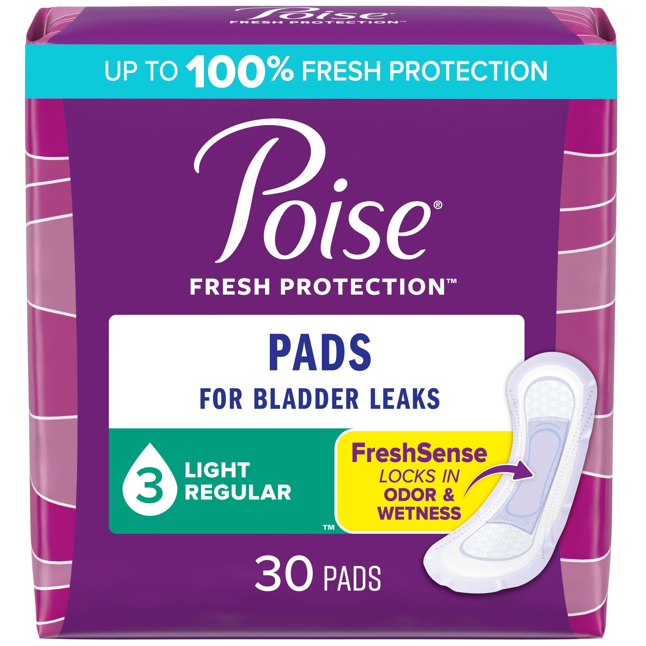 Poise Incontinence Pads for Women, 3 Drop Light Absorbency, Regular Length, 30 Count