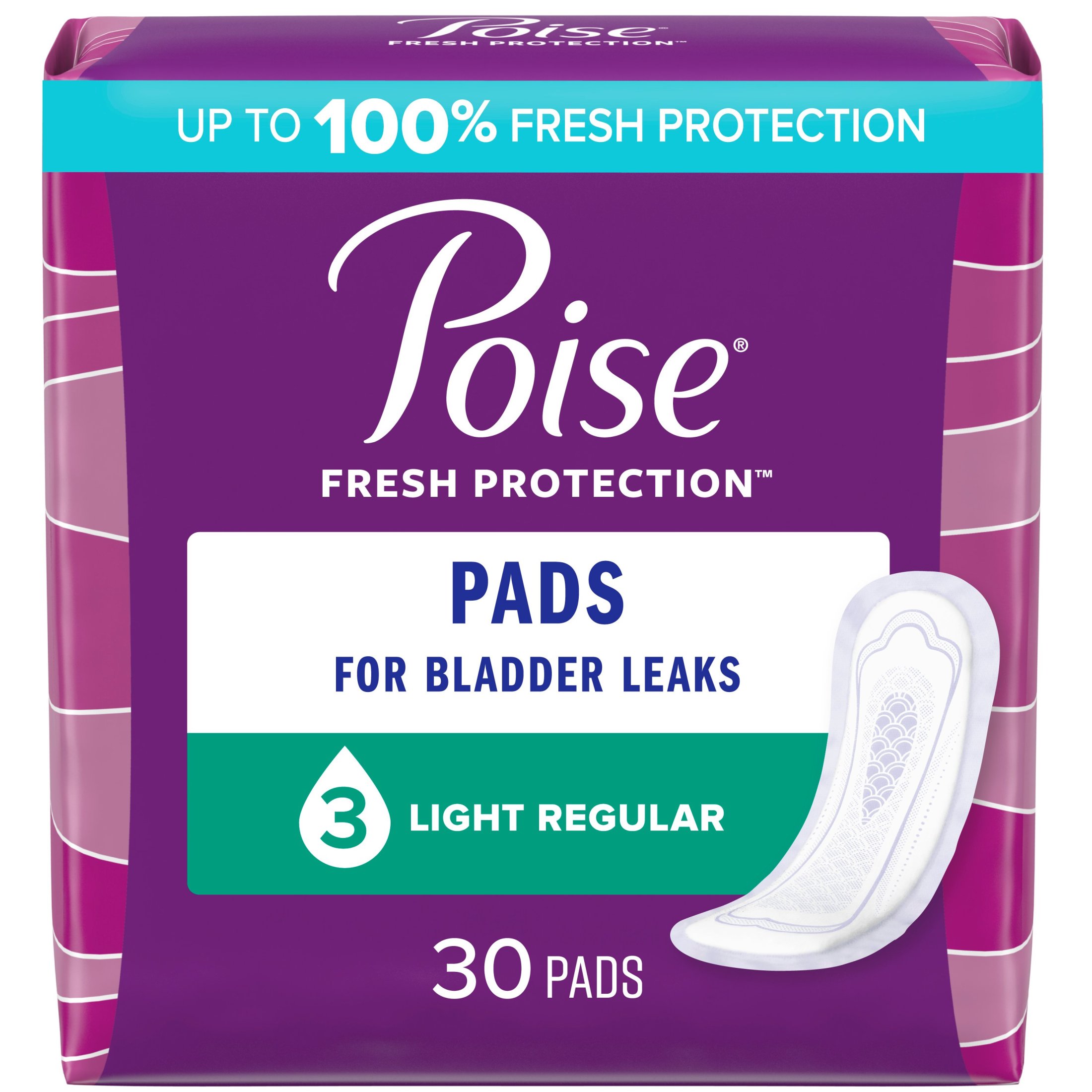 Poise Incontinence Pads for Women, 3 Drop, Light Absorbency, Regular, 30 Count - image 1 of 8