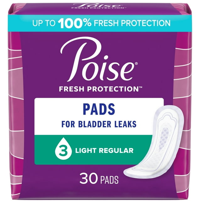 Poise Incontinence Pads for Women, 3 Drop, Light Absorbency, Regular, 30 Count