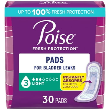 Poise Incontinence Pads for Women, 3 Drop Light Absorbency, Regular Length, 30 Count