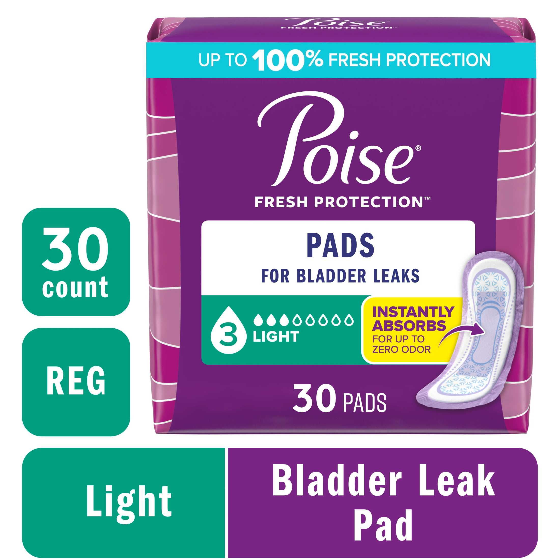 Poise Incontinence Pads for Women, 3 Drop Light Absorbency, Regular Length, 30 Count