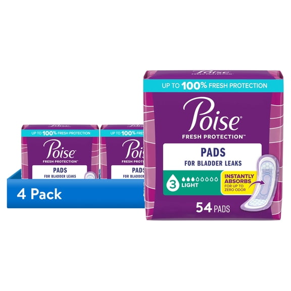 (4 pack) Poise Incontinence Pads for Women, 3 Drop Light Absorbency, Regular Length, 54 Count