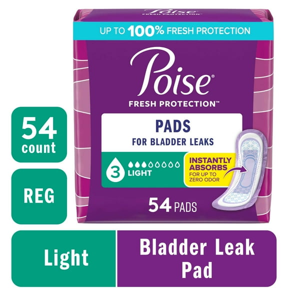 Poise Incontinence Pads for Women, 3 Drop Light Absorbency, Regular Length, 54 Count