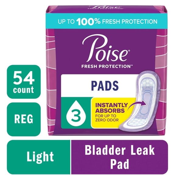 Poise Incontinence Pads for Women, 3 Drop Light Absorbency, Regular Length, 54 Count