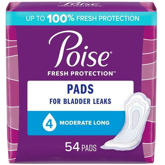 Poise Incontinence Pads for Women, 4 Drop, Moderate Absorbency, Long, 54 Count