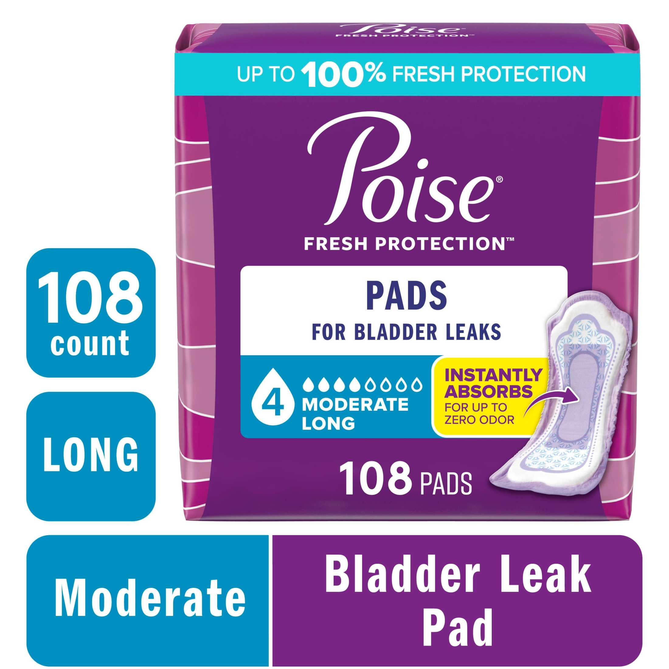 Poise Incontinence Pads for Women, 4 Drop Moderate Absorbency, Long Length, 108 Count