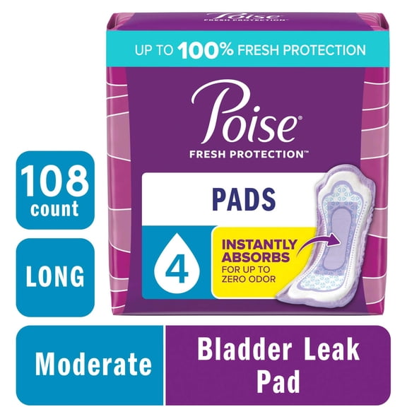 Poise Incontinence Pads for Women, 4 Drop Moderate Absorbency, Long Length, 108 Count