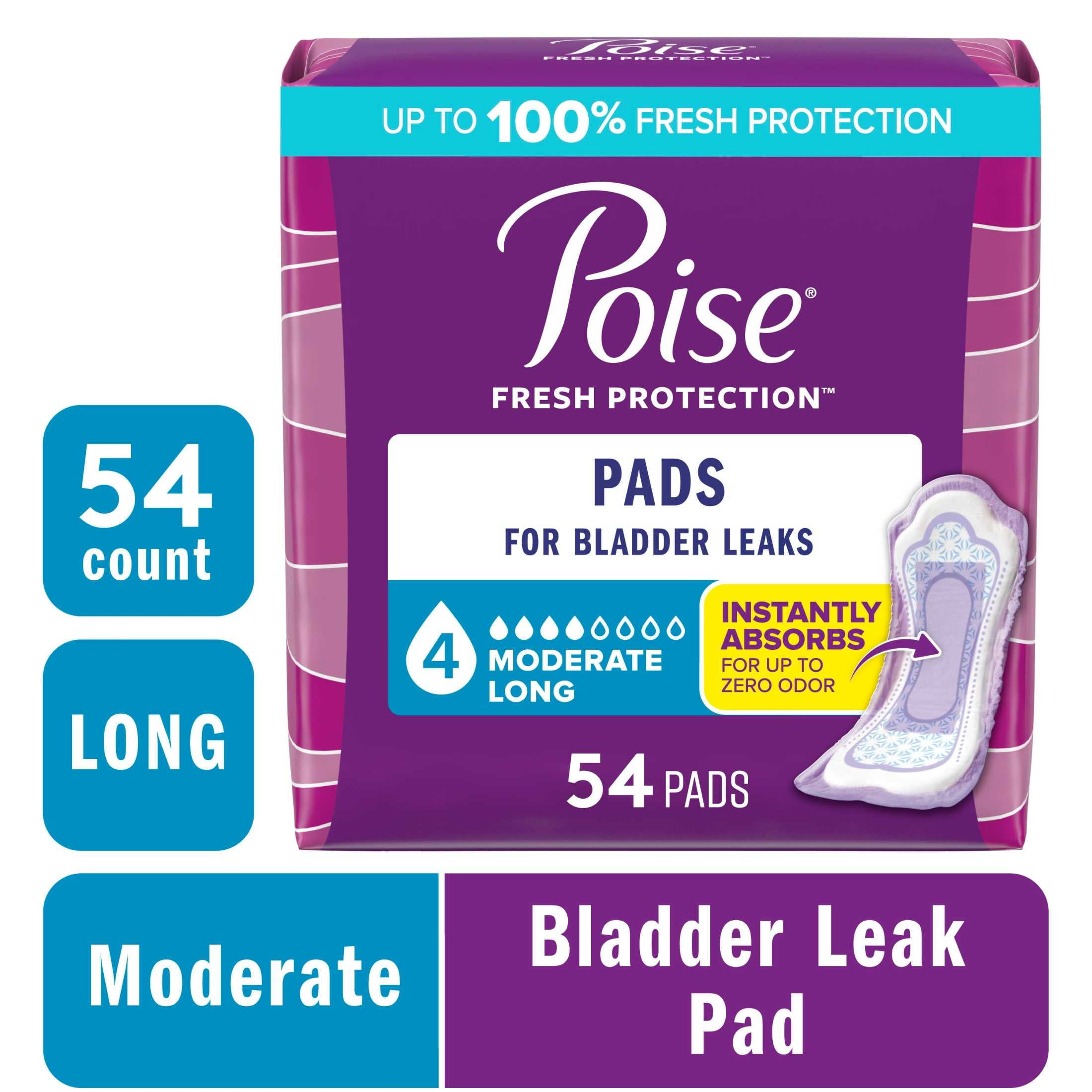 Poise Incontinence Pads for Women, 4 Drop Moderate Absorbency, Long Length, 54 Count