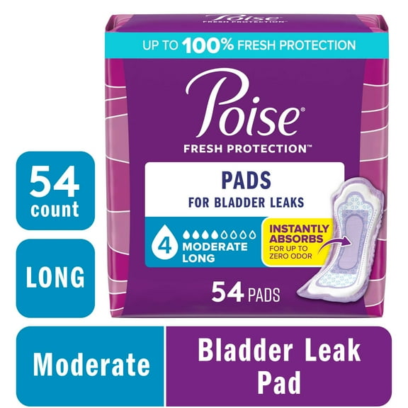 Poise Incontinence Pads for Women, 4 Drop Moderate Absorbency, Long Length, 54 Count