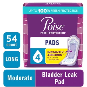 Poise Incontinence Pads for Women, 4 Drop Moderate Absorbency, Long Length, 54 Count